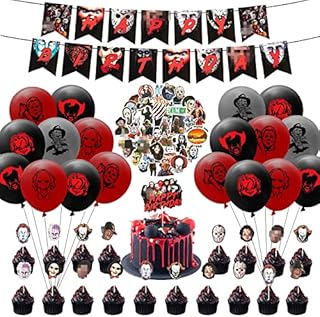 101Pcs Horror Classic Movie Character Party Decorations Kit Horror Movie Party Favors Joker All-in-One Pack Horror Birthday Decorations Include Banner Horror Balloons Kit Stickers Birthday Cake Topper
