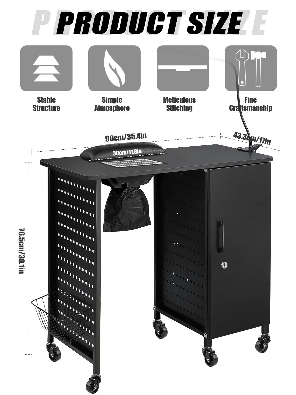 Kalolary Maniküre Nageltisch, Mobile Nagelstation mit Nagelstaubsammler | 4 Schubladen, LED-Lampen, Handballenauflage für Heimtechniker, Spa, Schönheitssalon, Arbeitsplatz, schwarz