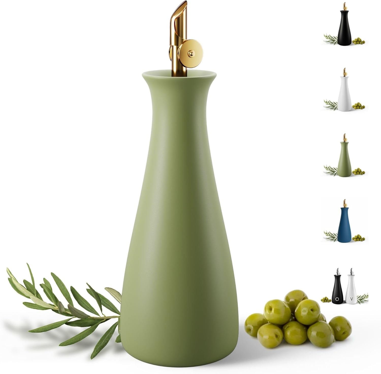 HB Design Co. Ceramic Olive Oil Dispenser with Self-Closing Gold Spout - 530 ML Capacity Matte White Ceramic Oil Dispenser for Kitchen - Leak Proof EVOO Dispensing Bottle