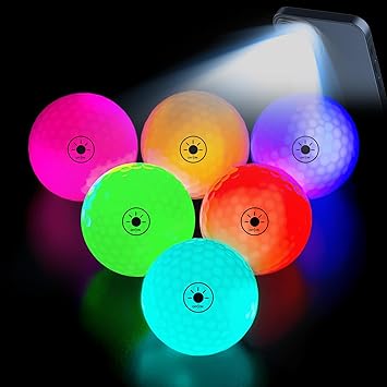 THIODOON Glow in the Dark Golf Balls Light Activated 7 Colors Light Up LED Golf Balls No Timer Stay Lit Easy to Turn On and Off with Flashlight Glowing Golf Balls for Night Golfing 6 Pack