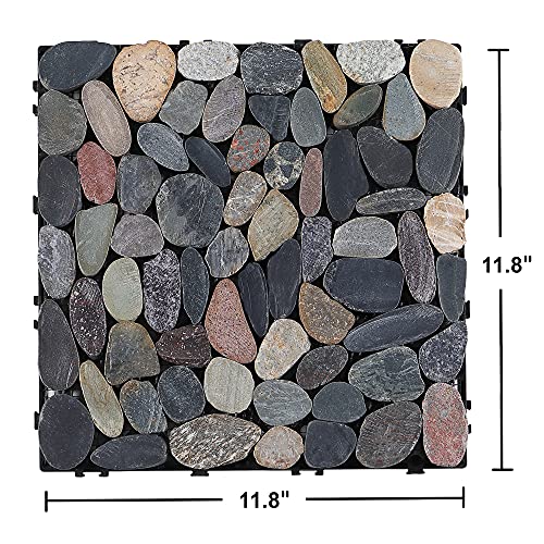 Pure Era Natural Real Stone Interlocking Floor Deck Tiles Sliced Pebble Tile Indoor Outdoor Use 12"X12" (4Pcs, 4 Sq. Ft, Sliced Mixed Color)- Great Upgrade To Patio Backyard Pathway #TOP5