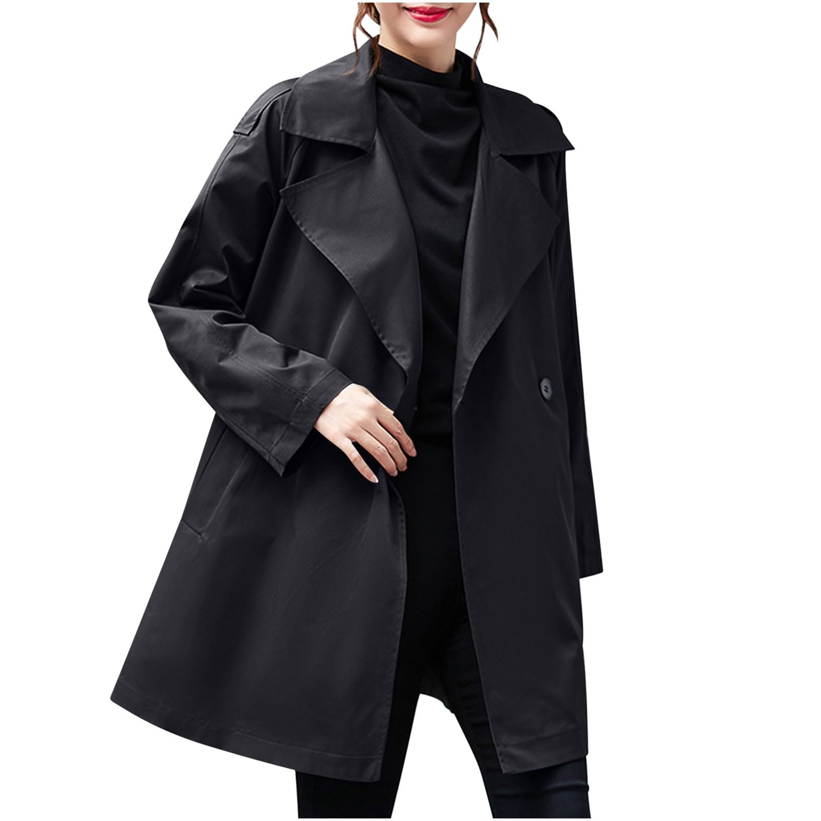 Trench Coat for Women Lapel Double Breasted Midi Jacket Long Sleeve Windproof Outwear with Pockets 2025 Fall