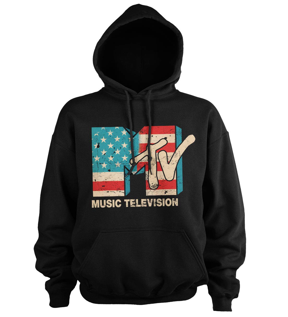 Mtv Unisex Black Officially Licensed Distressed Usa-Flag Big & Tall Hoodie (Black), 5XL