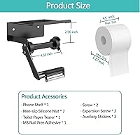 Vista 3 de Toilet Paper Holder Wall Mount for One Hand Tear,Upgraded Toilet Paper Roll Holder with Shelf,Matte Black Toilet Paper Dispenser,Adhesive Toilet