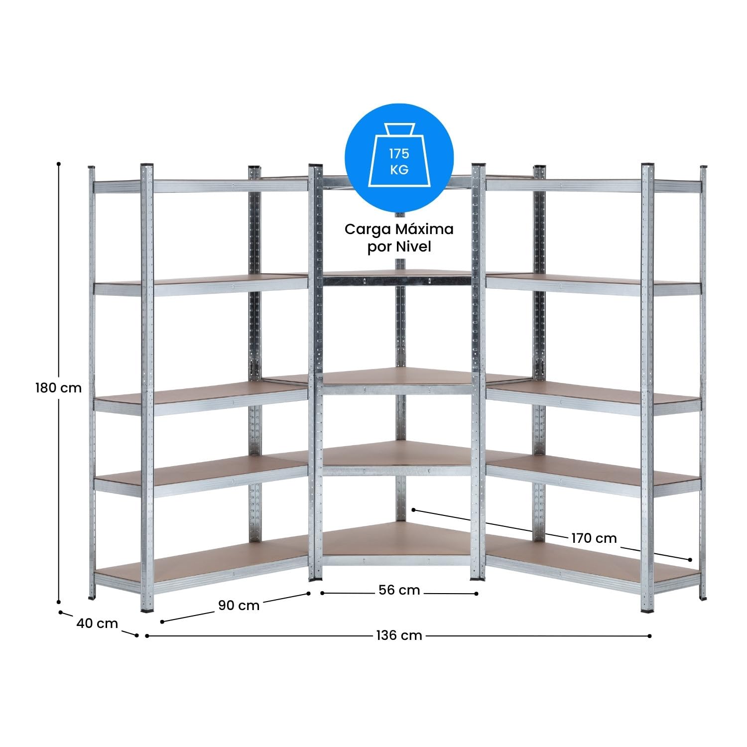 Pack 2 Estanterías Modulares y 1 Estantería Esquinera Galvanizadas 5 Baldas Ajustables GH91
