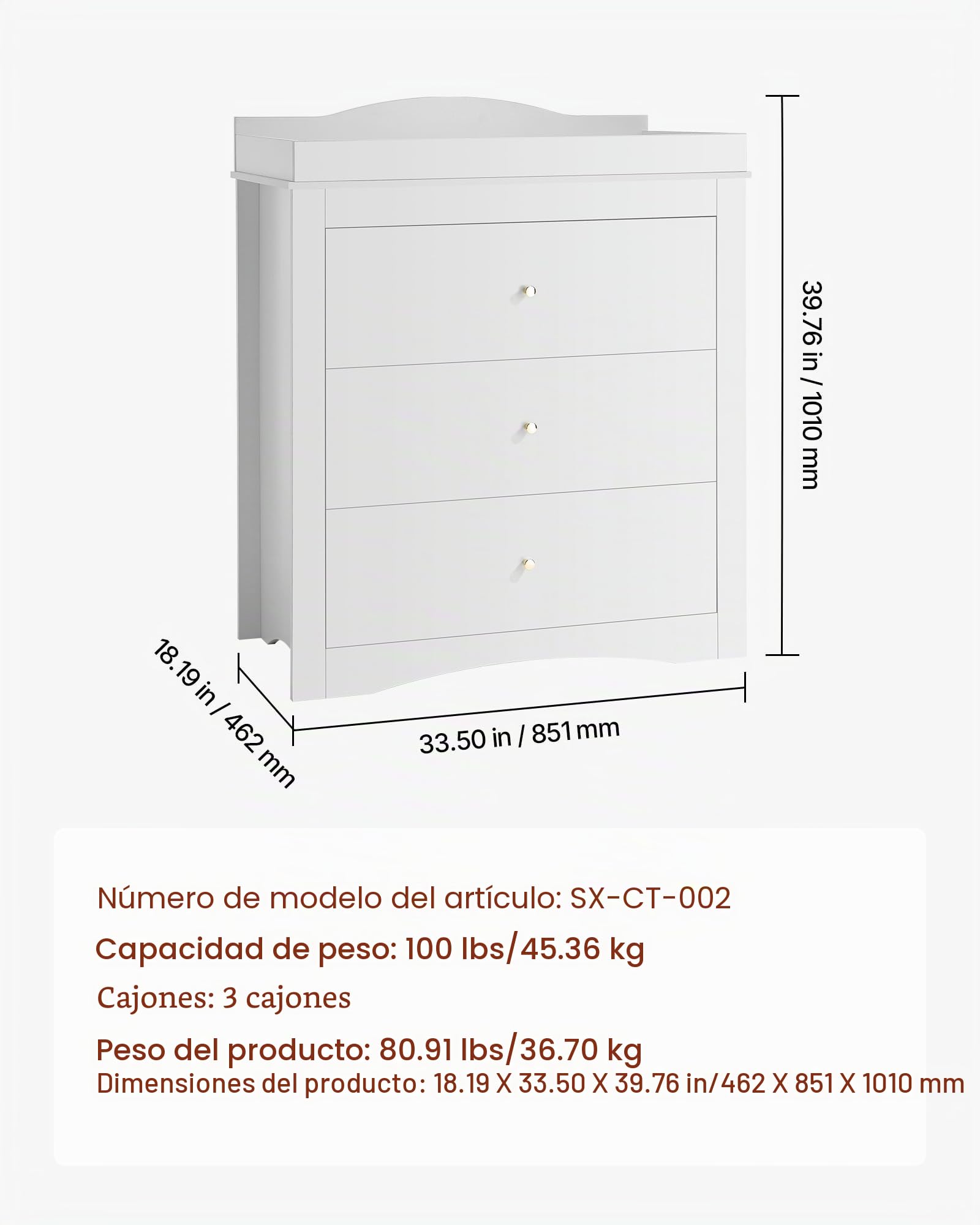 VEVOR Cambiador, Cambiador Moderno y Multifuncional de Pañales para Bebé 462 x 851 x 1010 mm con 3 Cajones y Organizador de Almacenamiento, Carga de 45,36 kg para Habitación Infantil, Blanco