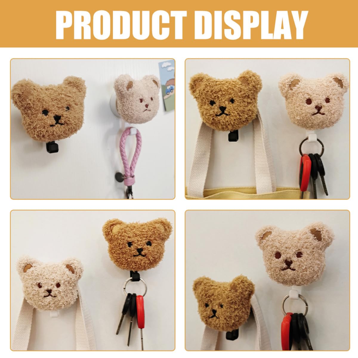 NUOBESTY Ganchos Adhesivos para Pared 2 Piezas Diseño Osito de Peluche de Felpa, para Llaves, Toallas y Paraguas, sin Taladro, Uso en Baño y Cocina, Colores Claro y Negro