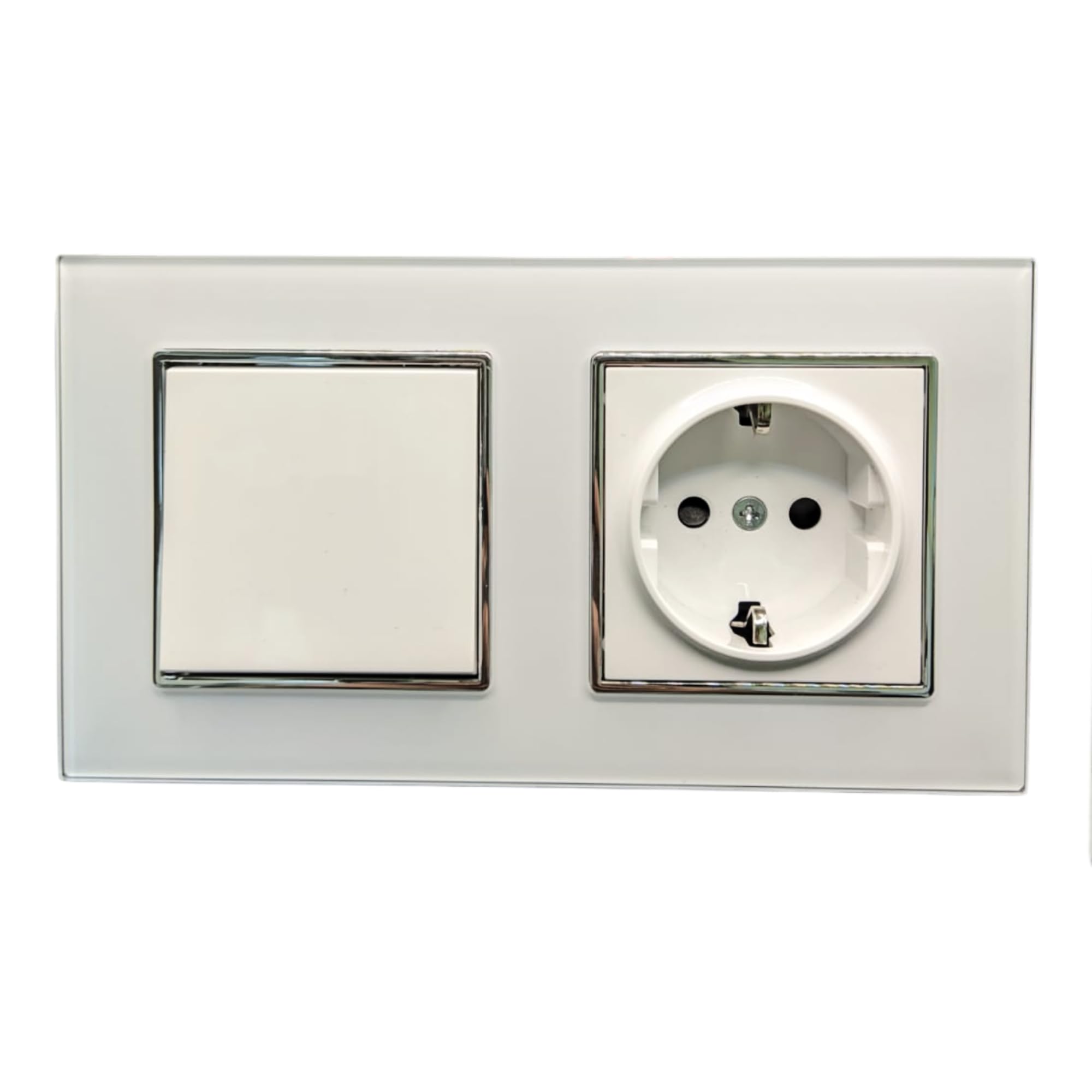 Jandei - Enchufe Schuko 2P+​T 16A y Interruptor Conmutador, 230V, Decoración Elegante Pared Interior, Fácil de Instalar, Incluye Marco y Mecanismo, Cristal Templado Color Blanco