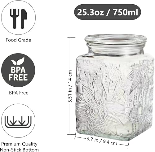 Miniatura 9 de Tarro de vidrio cuadrado hermético de 25.3 onzas, tarro de almacenamiento de vidrio vintage con tapa de bambú, recipientes de almacenamiento de