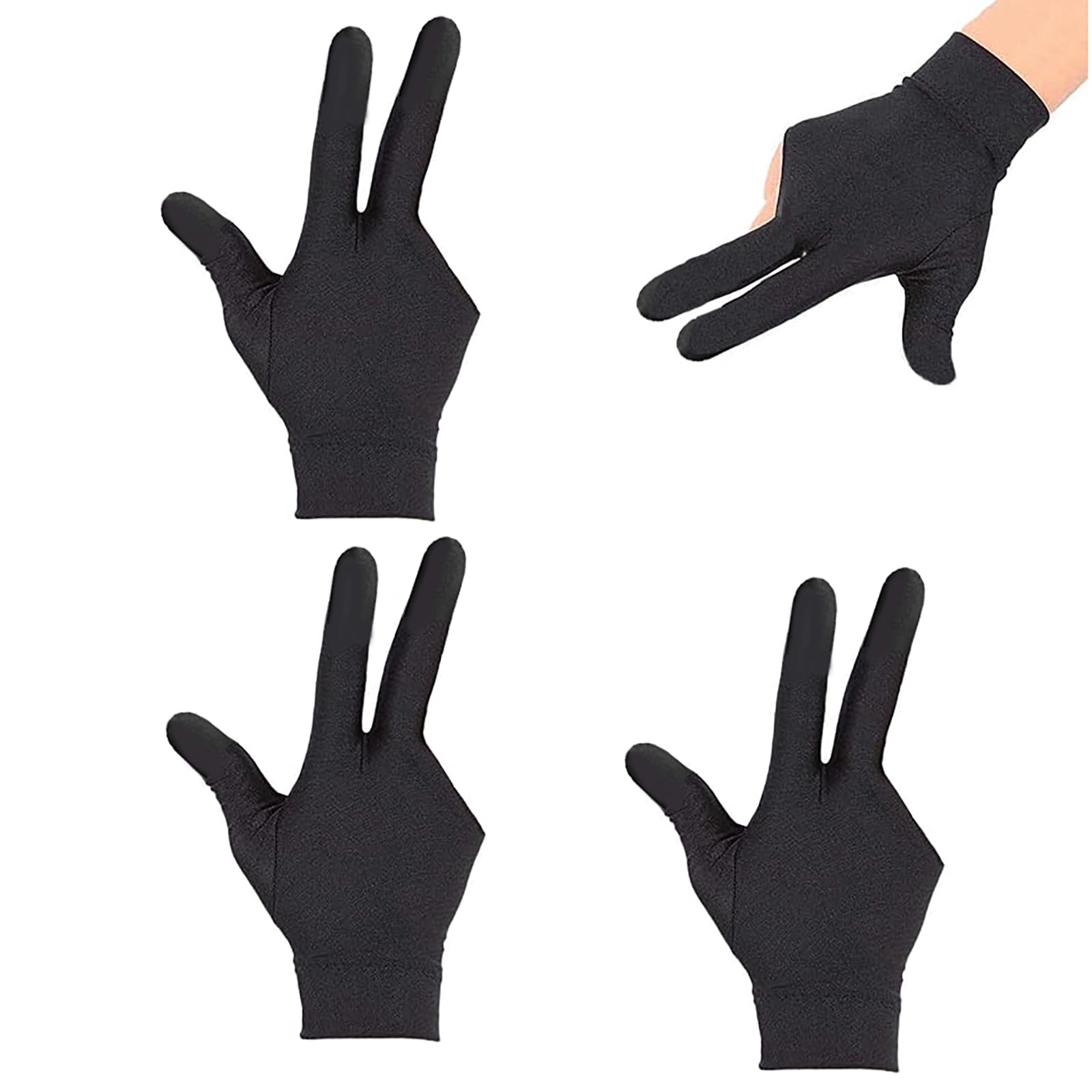 Gants de Billard élastiques en Lycra pour Main Gauche 3 Doigts Lot de 4 - Carom, Piscine, Snooker (Noir)