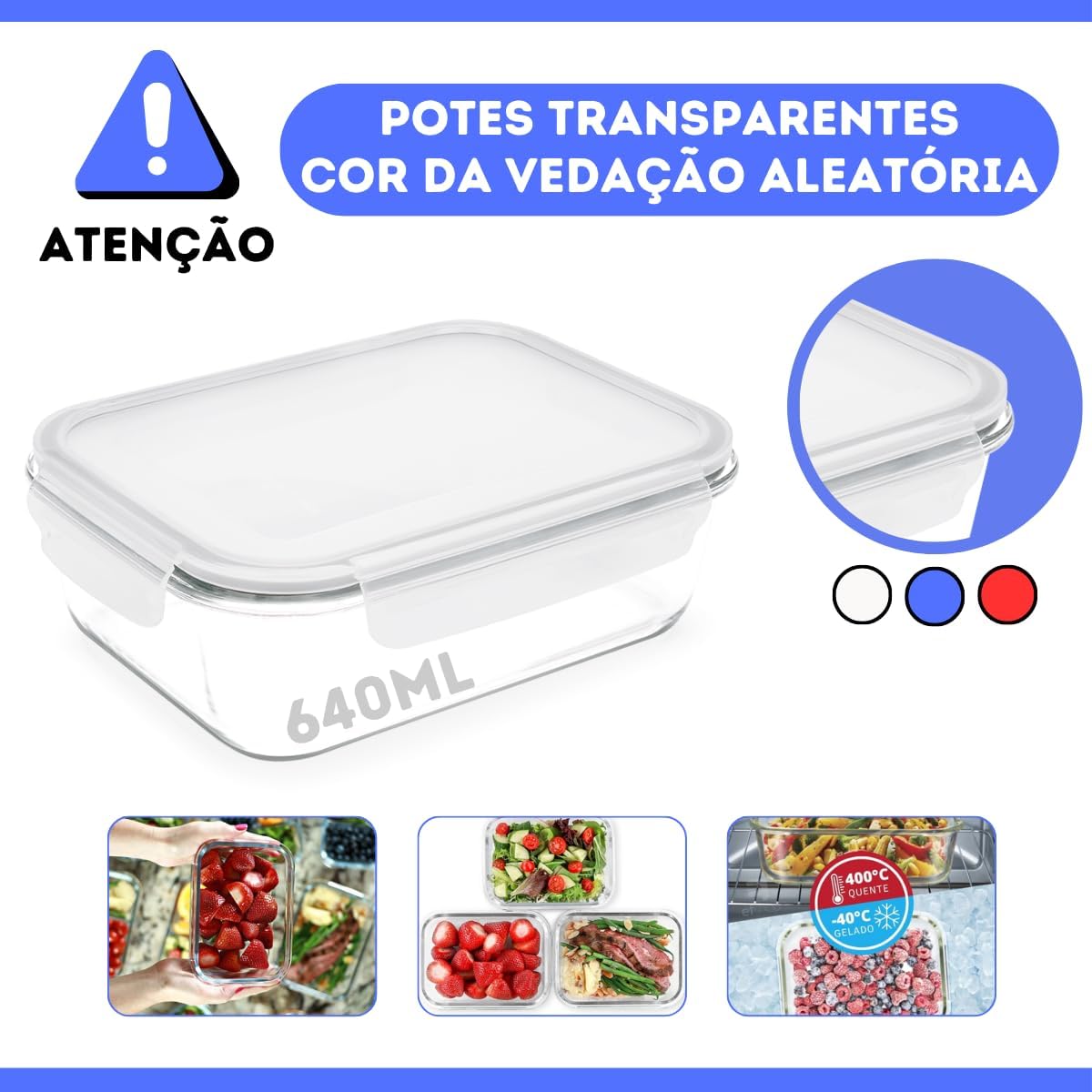 KIT 10 Potes de Vidro Retangular com Tampa Hermética 640ml Cor: Transparente