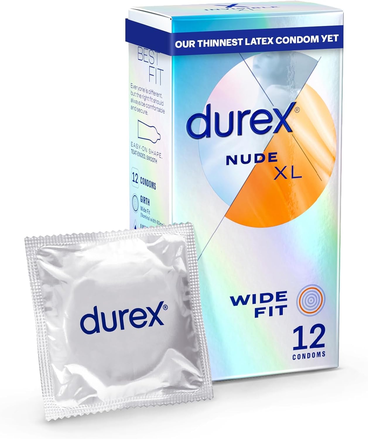 Durex Nude, Ultra Thin, 12 Condoms, Wide Fit, with Silicone Lube, Easy on Shape, Teat Ended, Our Thinnest Latex Condom Yet, Transparent Natural Latex Condoms, Trusted Durex Protection