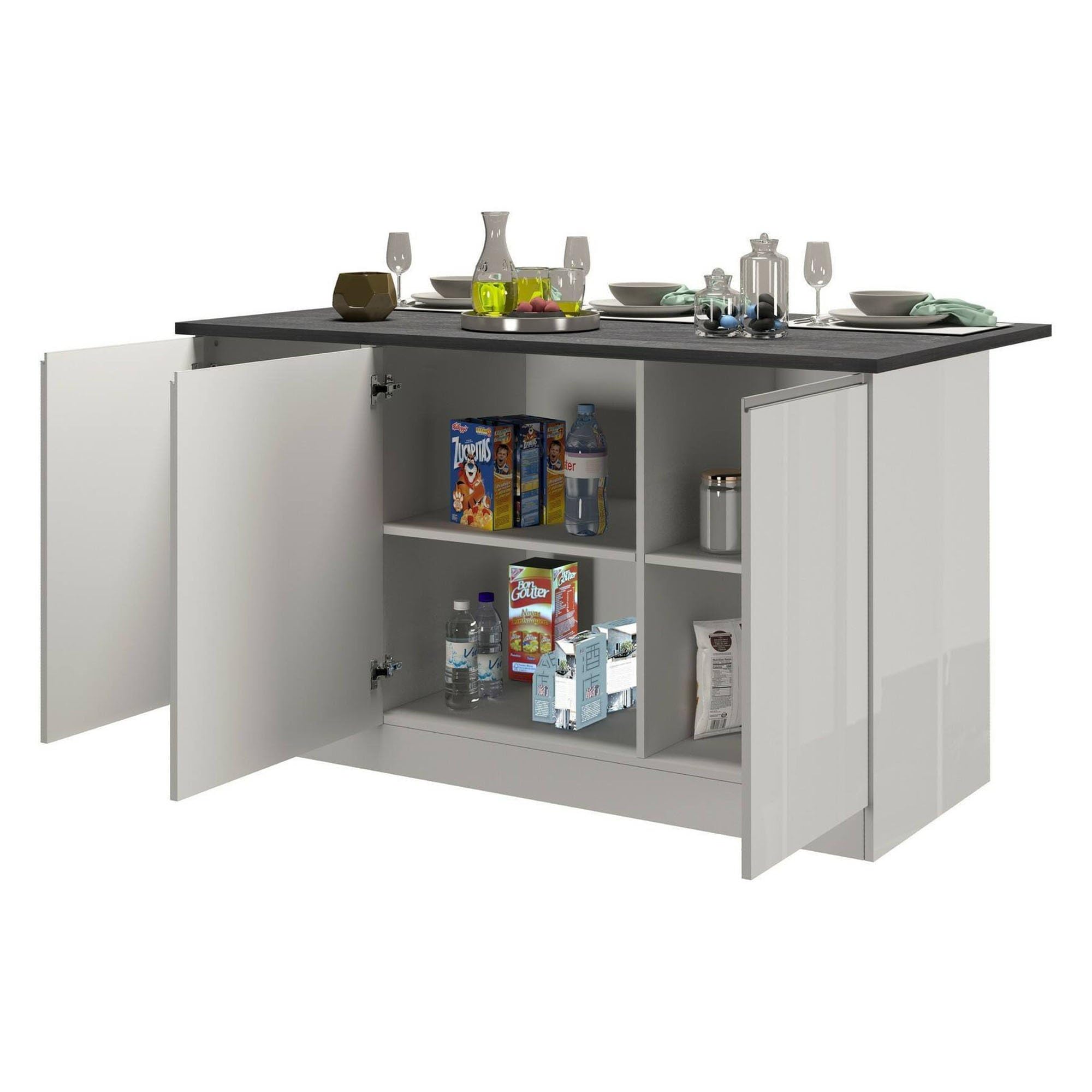 Dmora - Kücheninsel Patrizio, Mehrzweckschrank, Küchenzeile Schrank, Zusätzlicher Tisch, 100% Made in Italy, 155 x 90 x 90 cm, glänzendes Weiß und Schiefer