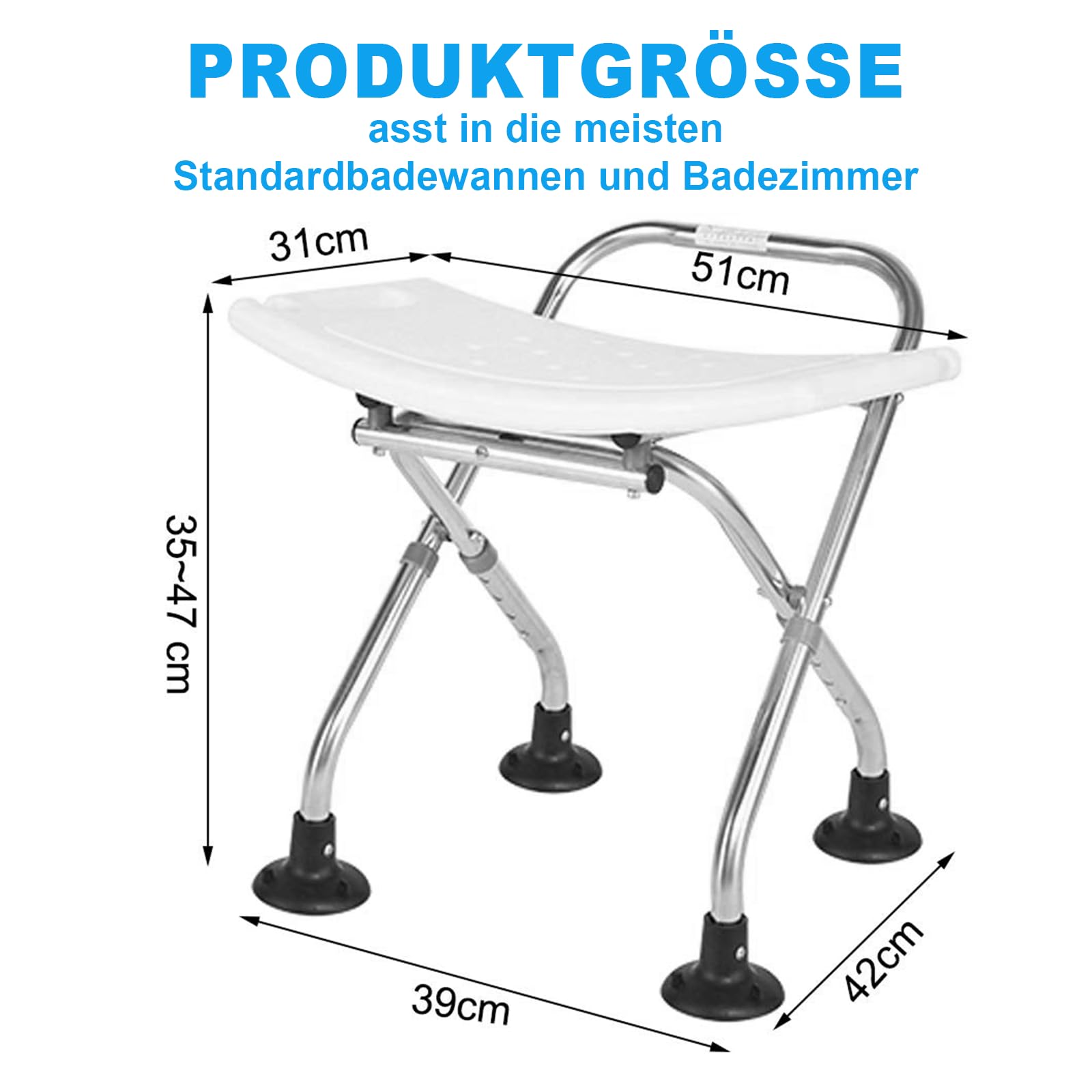 Taburete de ducha plegable de altura ajustable, silla de ducha antideslizante con pies de goma, taburete de baño estable, incluye pelota de ducha y peine de masaje para el cabello, asiento de ducha