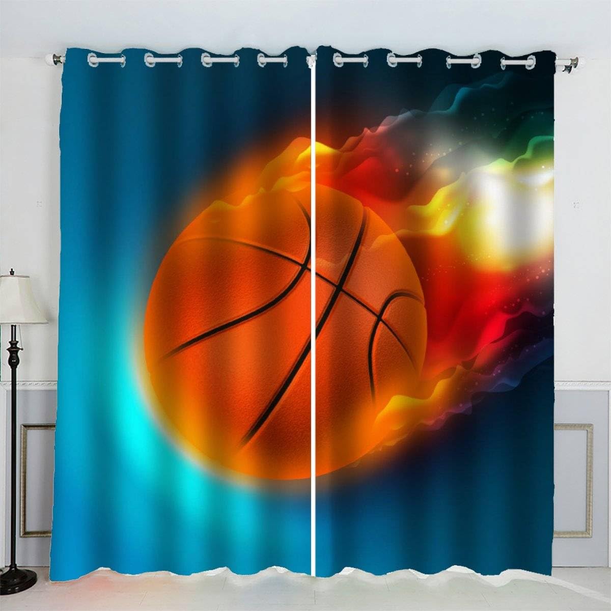 AKATIE Blackout Curtain Basketball Flame Kid Insulated Drapes Blue 3D Print Eyelet Window Curtains for Boys Girls Teens Children kids Bedroom Set of 2 Panels (W150xL166cm)