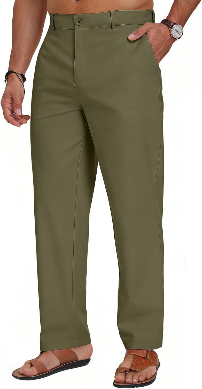Puimentiua Mens Cotton Linen Pants Business Casual Mens Dress Pants Summer Beach Loose Relaxed Fit Trousers