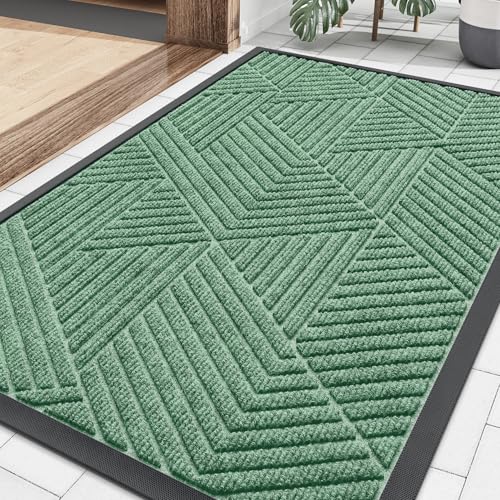 Image of Smiry Front Door Mat Outside Entrance, Heavy Duty Sturdy Natural Rubber Doormat, Trap Dirt and Moisture, Easy Clean Low Profile Mats for Indoor Outdoor Entry, Irregular Triangle (29.5x17, Mint Green)
