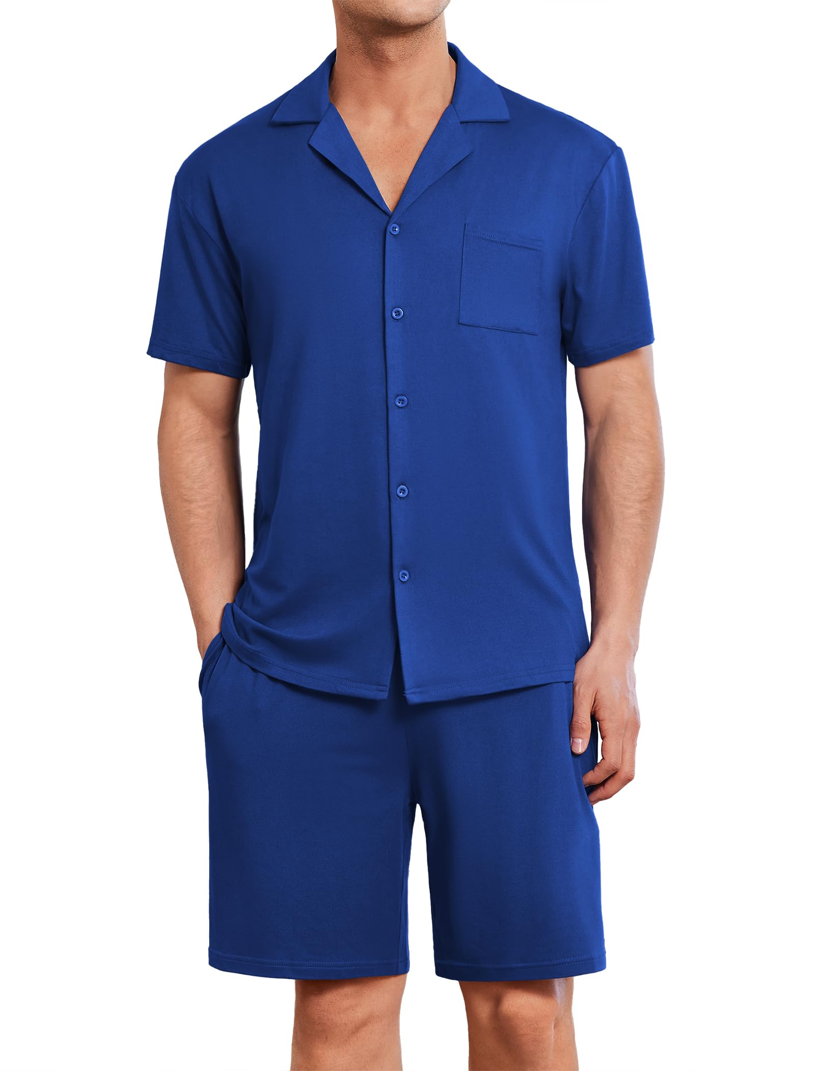 Ekouaer Mens Pajamas Set Short Sleeve Sleepwear Button Down Soft Loungewear 2 Piece Pj Shorts Sets with Pockets