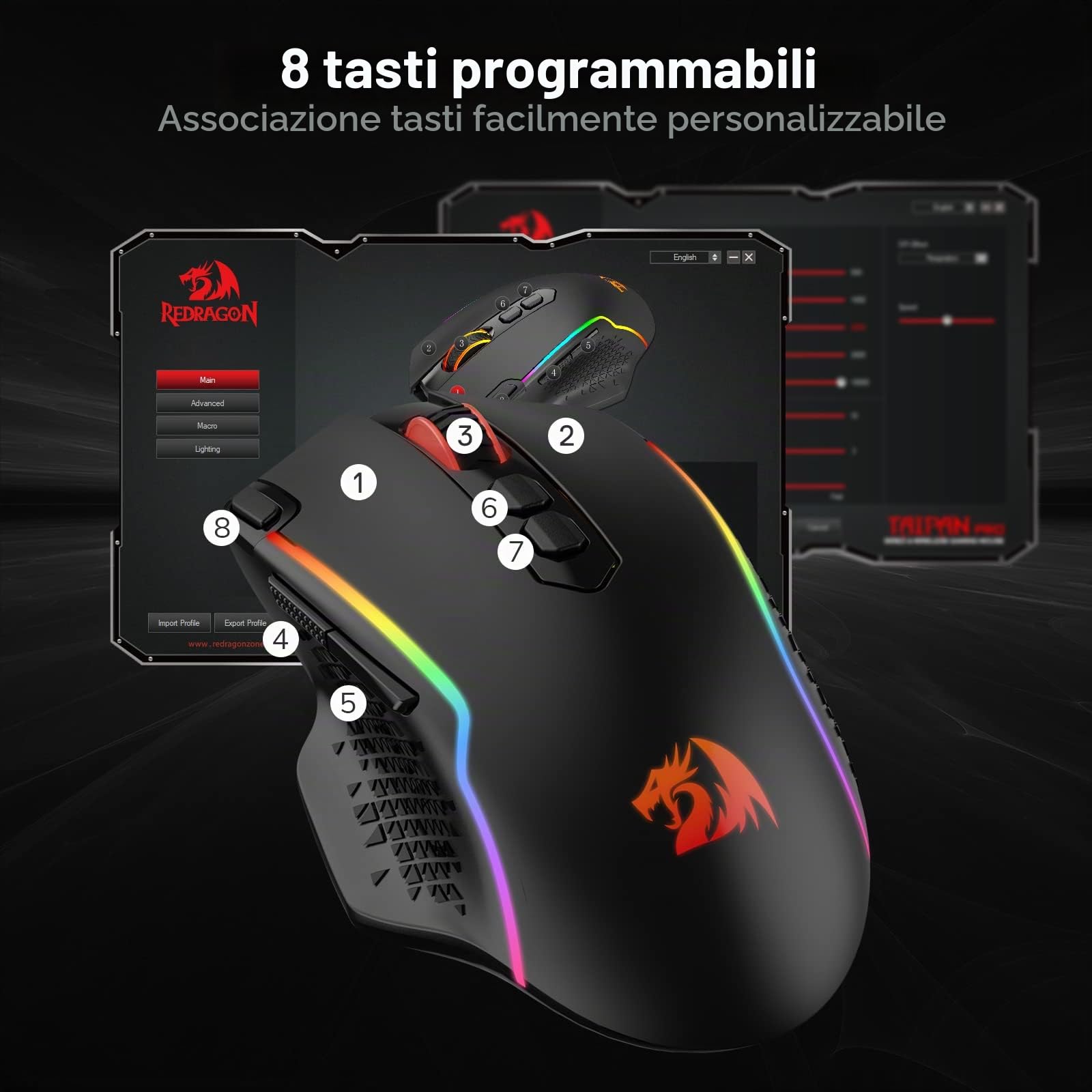 Redragon M810 Pro - Mouse da gioco wireless da 10.000 DPI cablato/gamer con pulsante di scatto rapido, 8 tasti macro, 45 ore di potenza continua e retroilluminazione RGB per PC/Mac/Laptop