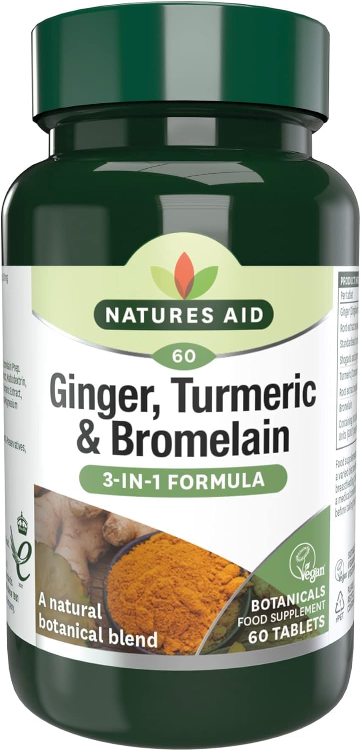 Natures Aid Ginger, Turmeric And Bromelain | 3 In 1 Formula | With Natural Botanicsl Blend | 60 Tablets
