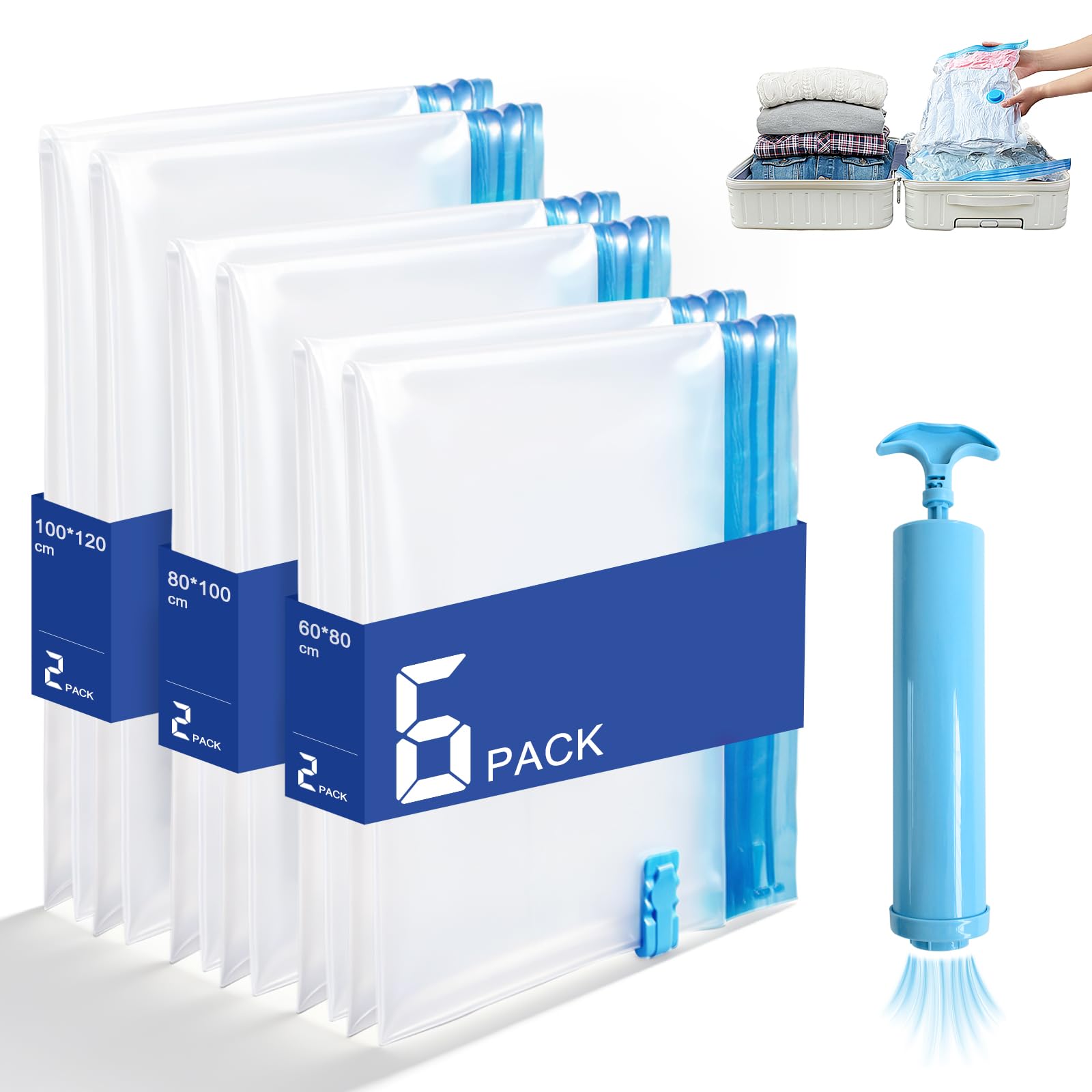 Vakuumbeutel 6 Stück 2 Jumbo 120x100cm + 2 Jumbo 100x80cm + 2 Groß 80x60cm, Platzsparend Vacuum Bags, PA & PE Material, Handpumpe Enthalten, Vakuumbeutel für kleidung Reisen Bettdecken