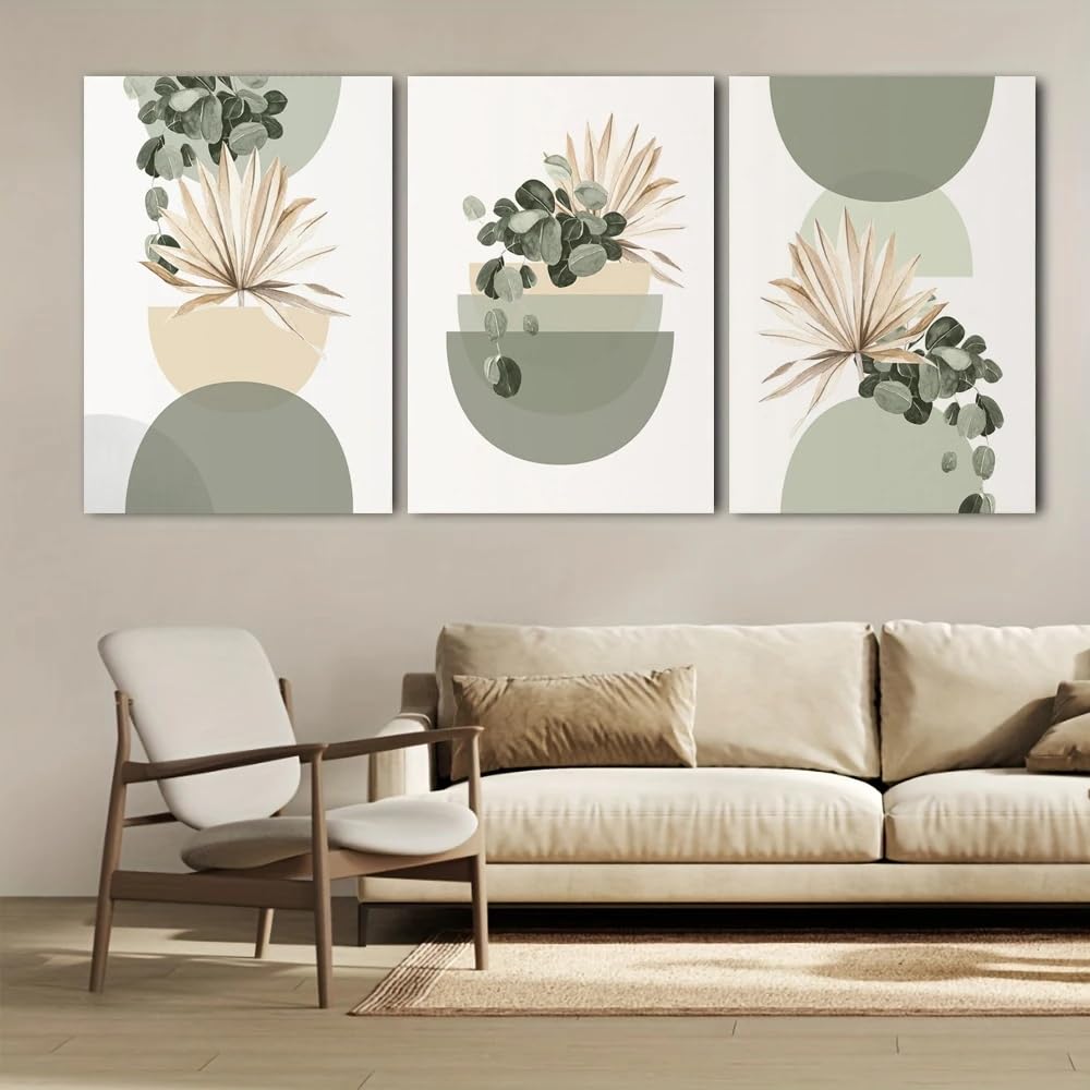 Stampe artistiche da parete in stile boho, verde salvia, decorazioni floreali boho in stile moderno di metà secolo, poster astratti, arte beige e verde (50x70 cm/3 pezzi senza cornice)