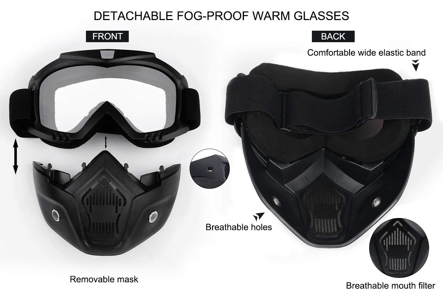 AOI Masque de moto avec masque facial amovible, protection UV et coupe-vent, imperméable, monture noire, verres gris
