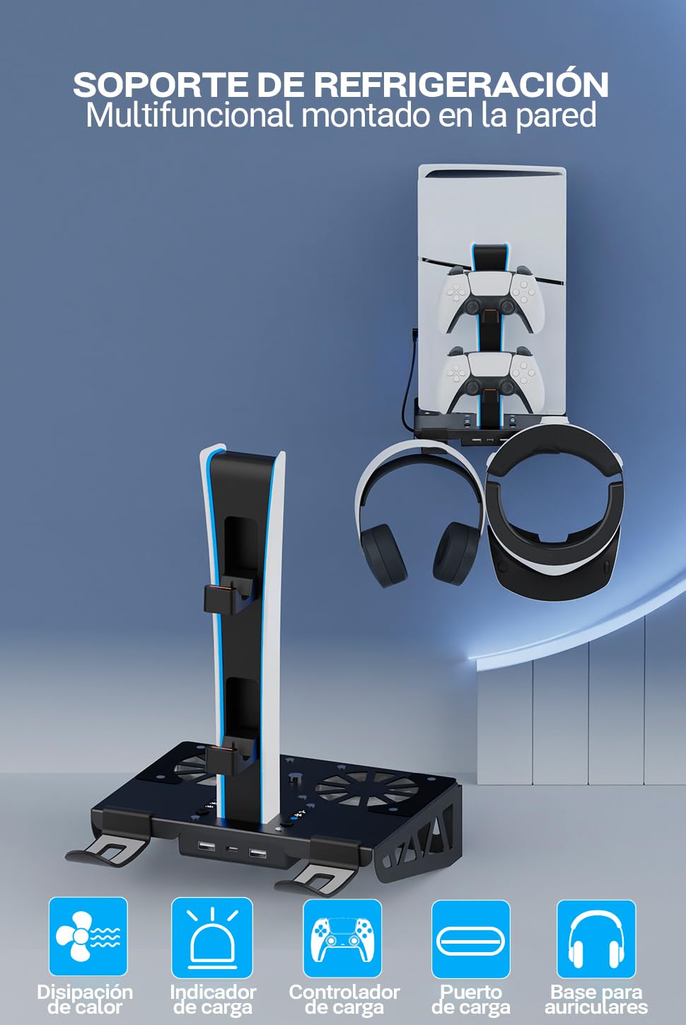 Soporte de pared Playstation 5 PS5 Slim y VR2 con RGB ,Ventilador Refrigerador, Soporte y Carga de 2 Mandos PS5, Soporte Auriculares, Accesorios PS5 Digital y de Disco (Soporte de Pared RGB)