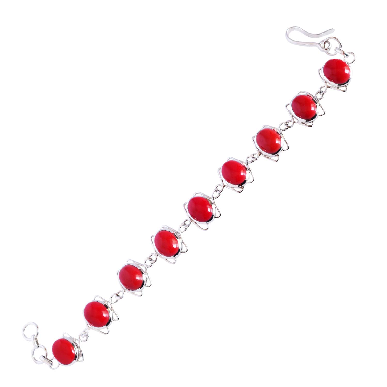 Pulsera de plata de ley 925 con piedra roja chapada en rodio blanco, ovalada de 8 x 10 mm, cierre de bisel de cabujón de piedras preciosas rojas, joyería para mujer