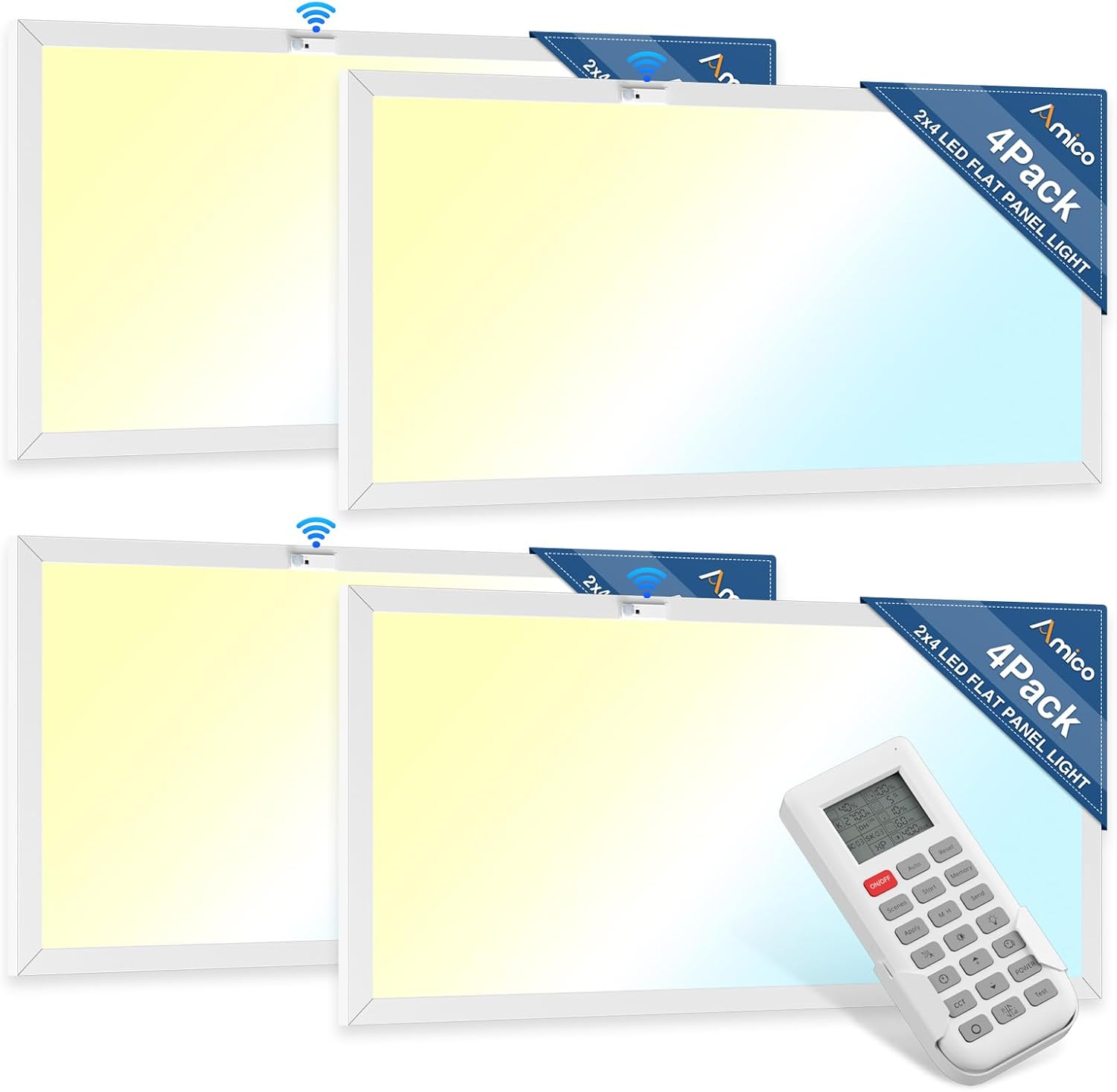 Amico 4 Pack 2x4 LED Flat Panel Light Fixture with Motion Sensor and Remote Control, 50W, 6250 LM, 3500K/4000K/5000K Drop Ceiling Office Lights, 0-10V Dimmable LED Drop Ceiling Lighting, ETL  DLC