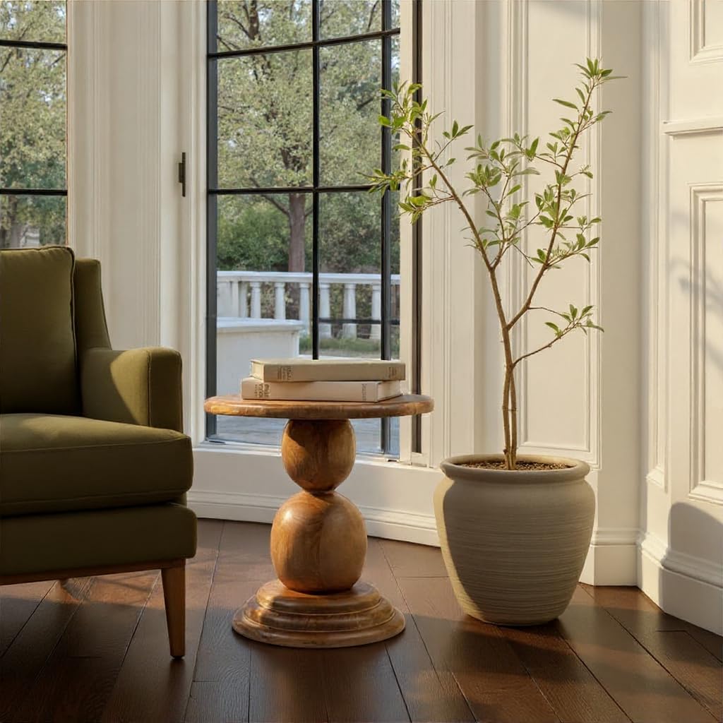 Creative Co-Op Round Mango Wood Bulbed Pedestal End Table, Walnut