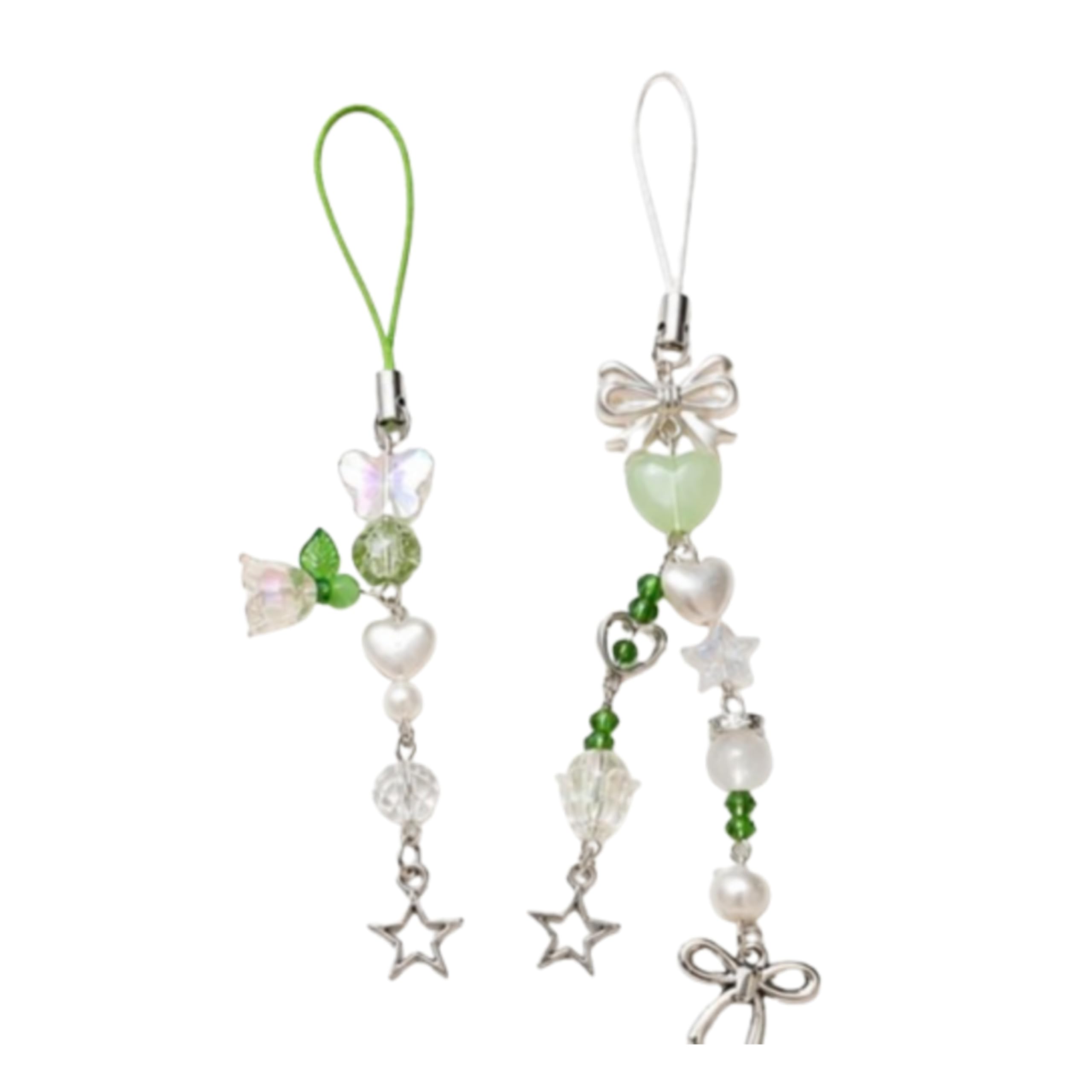 Pack of 2 Aesthetic Green and White Phone Charm Set | Cute Tulip Butterfly Heart & Bow Beaded Mobile Hanging Strap Combo-image-38