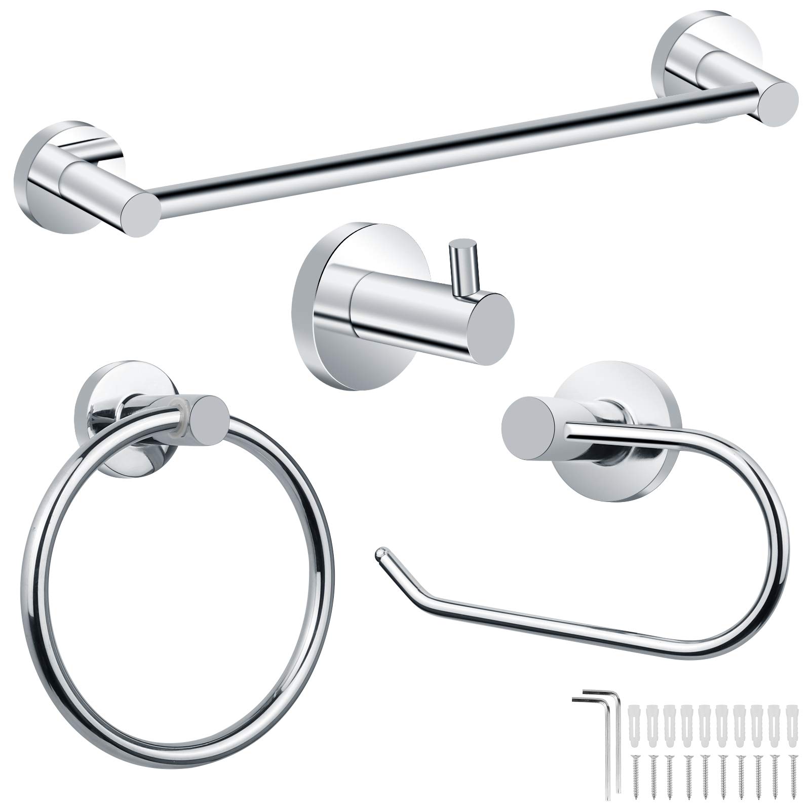 Bathroom Hardware Set 4 Pieces Towel Rail Stainless Steel Bathroom Accessories Set Wall Mounted, Includes Bath Towel Bar 16.14"/ 410mm, Toilet Paper Holder, Towel Robe Hook, Towel Ring