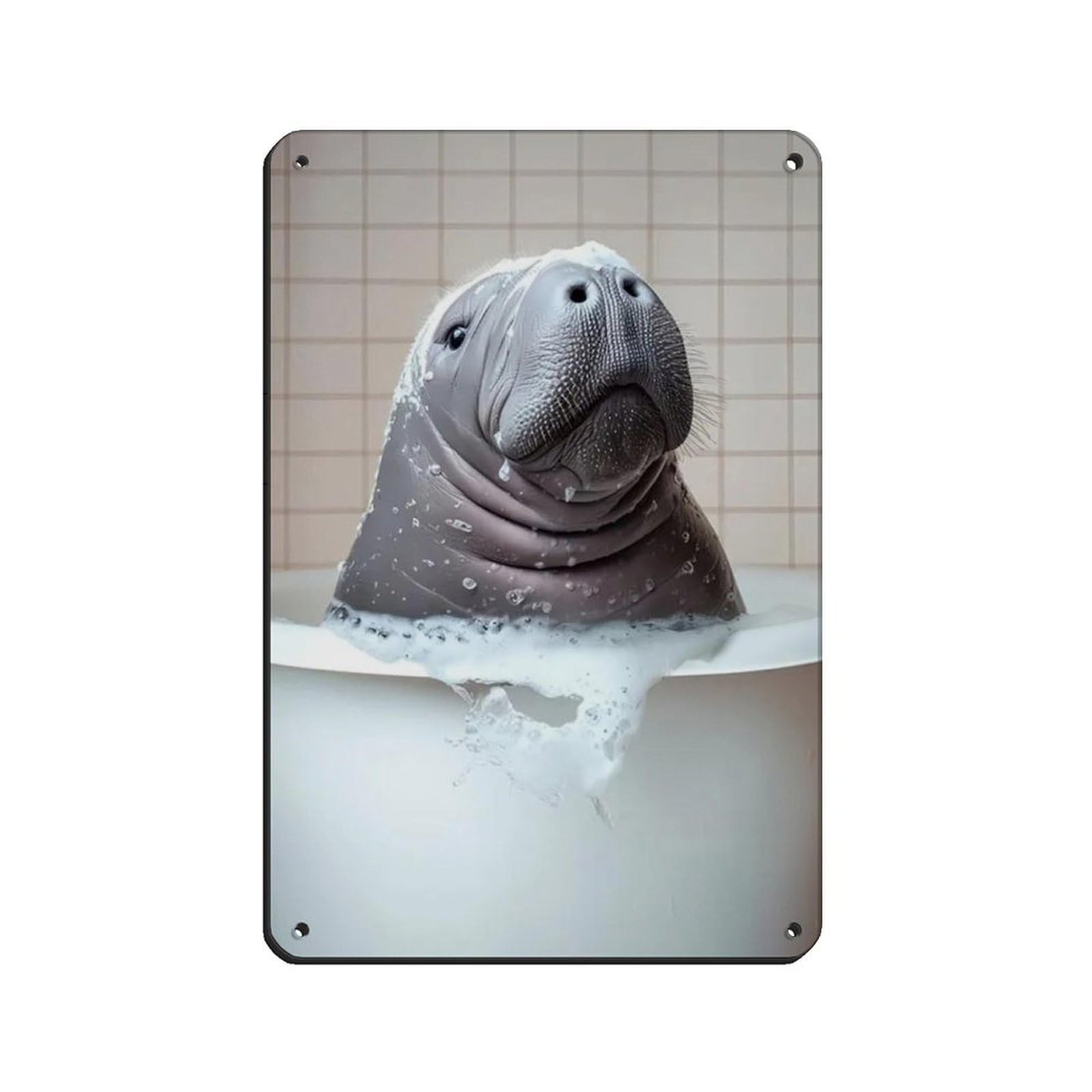 Manatee in The Bathtub, Funny Bathroom Art Retro Poster Metal Tin Sign Chic Art Retro Iron Painting Bar People Cave Cafe Family Garage Poster Wall Decoration 8x12inch(20x30cm)