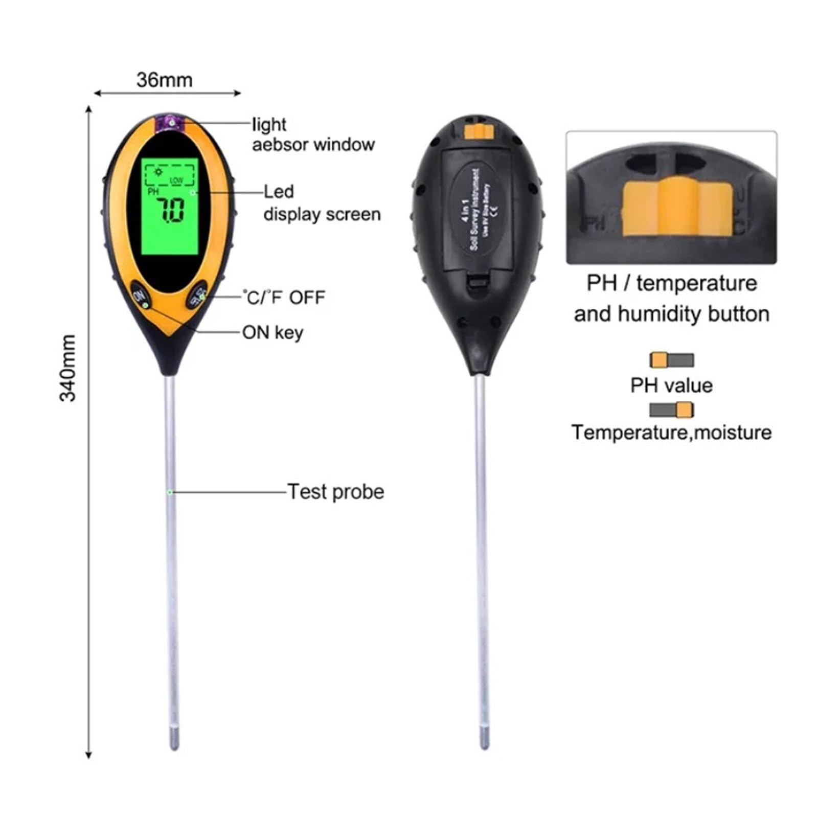 Medidor Digital De PH Del Suelo 4 En 1, Monitor De Humedad, Probador De Temperatura Y Luz Solar For Cultivo De Plantas De Jardín Con Luz Negra