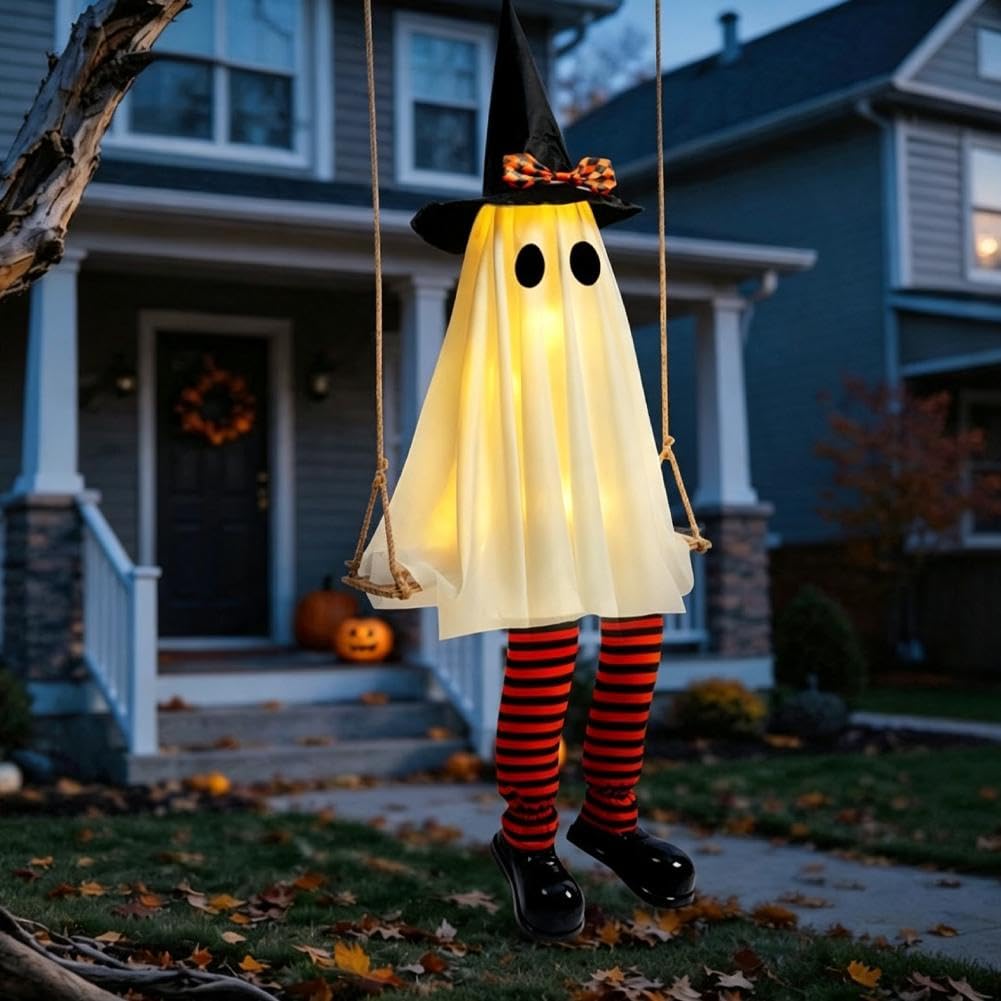 Dekoracje na Halloween na zewnątrz – 15 m wiszący duch dekoracja | podświetlane upiorne duchy na werandę, podwórko, trawnik, dekoracja na zewnątrz, dekoracja halloweenowa dla świątecznej atmosfery