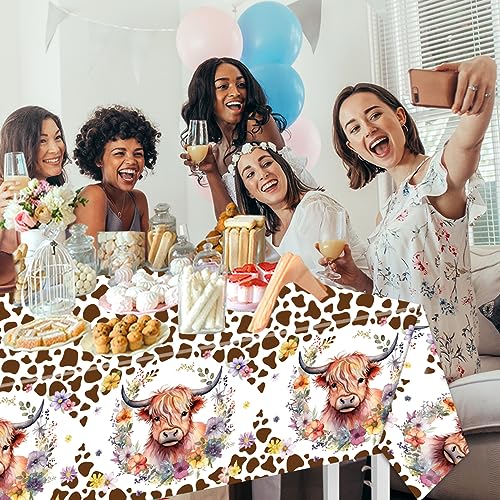 Image of CMUSKO 3Pcs Highland Cow Tablecloths-Brown Cow Print Baby Shower Decorations Western Highland Cow Disposable Rectangular Plastic Table Covers Cow Print Birthday Party Supplies