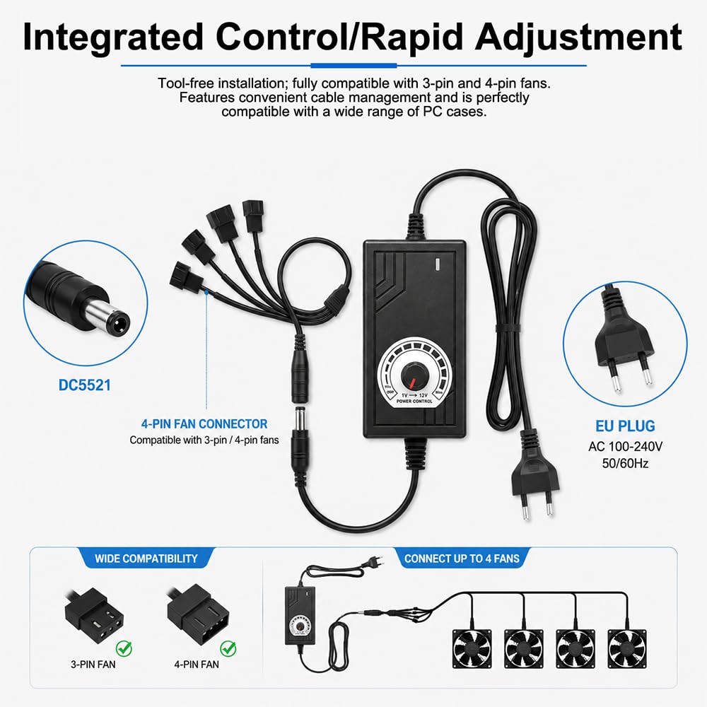 Controlador de ventiladores PWM de 4 pines + Fuente de Alimentación de 12 V, Controlador de Ventiladores de 12 V con Cable Divisor 1 a 4, 100–240 V CA a 3–12 V CC, 24 W, para Ventiladores