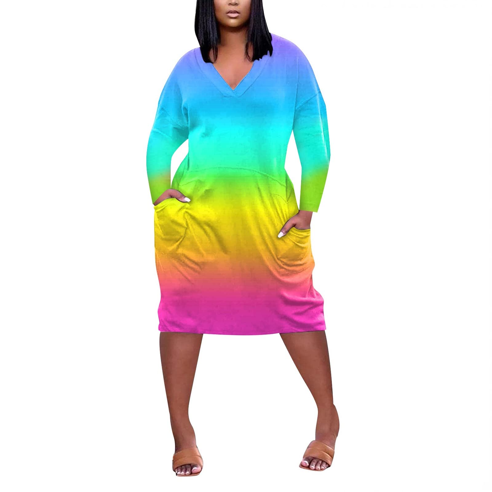 Eaktool Women's Casual Fall Dresses Summer Plus Size V Neck Long Sleeve Knee Pocket Casual Dress Clothing