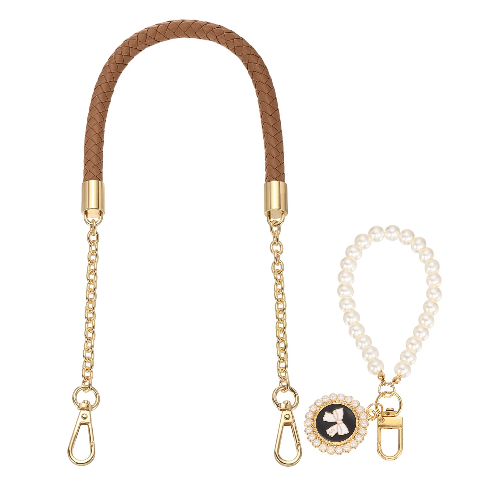 sourcing map PU Leather Chain Purse Strap, 24.4 Inch Braided Purse Handle Replacement with Pearl Pendant for Handbags Underarm Bag Tote (Coffee, Light Gold Buckle)