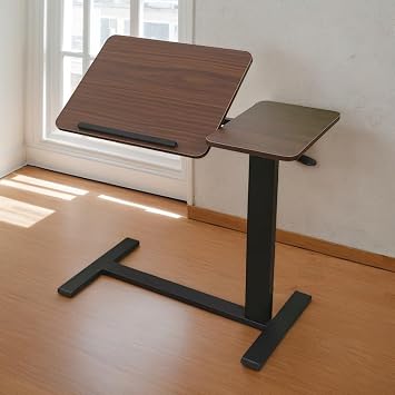 Overbed Table, Bedside Table, Height Adjustable Over Bed Table with Wheels, Walnut Black Mobile Laptop Stand for Bed Sofa Meals Reading Work