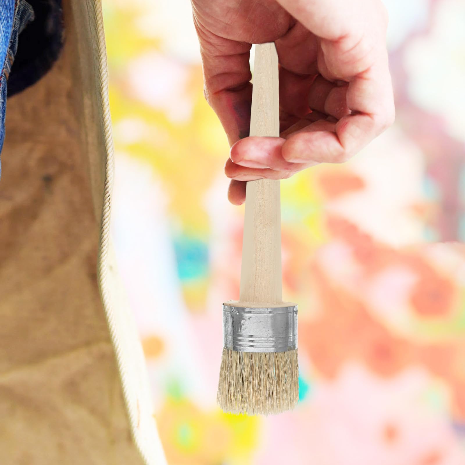 Set de 5 Pinceles Redondos para Pintar Mango Largo de Madera y Cerdas Naturales, Ideales para Proyectos Artísticos y Renovación del Hogar