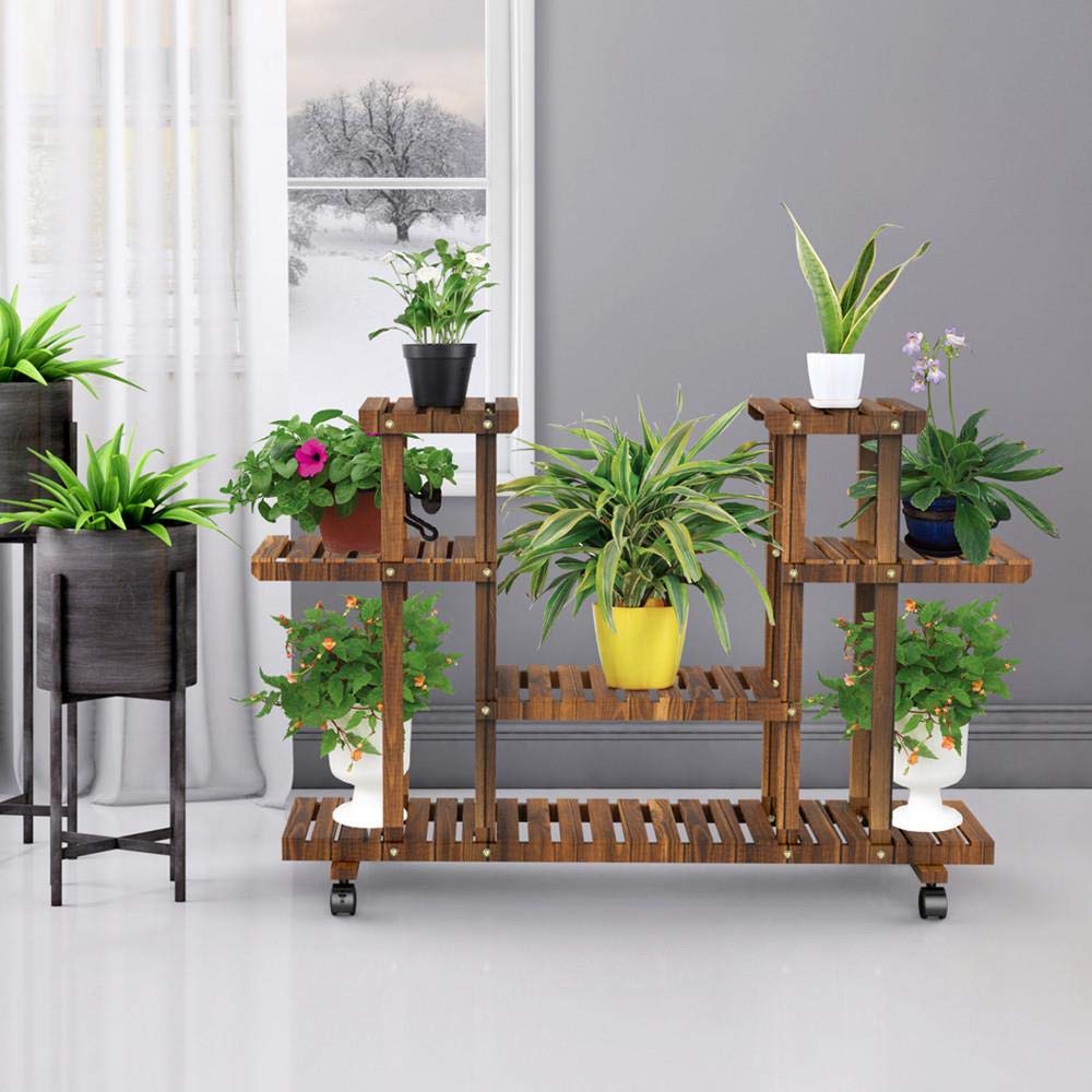 Abician Étagère Plantes Étagère Fleurs en Bois Support de Pots à Roulettes Intérieur avec 6 Tablettes pour Balcon Terrasse Maison Jardin 124 × 33 × 80cm
