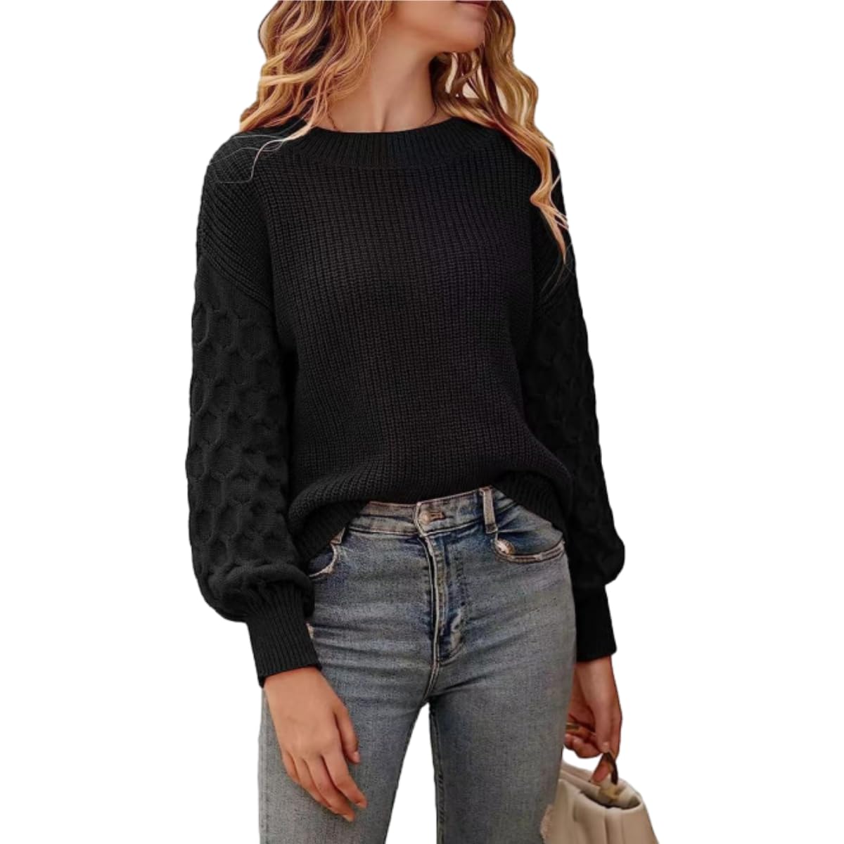 Womens Round Neck Loose Fit Knit Sweater Cable Knit Puff Sleeve Casual Pullover Top for Everyday Wear