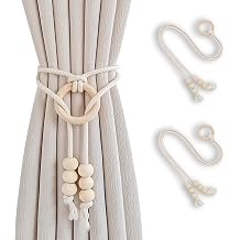 Boho Curtain Tiebacks with Wooden Beads, Handmade Window Drapery Holdbacks, Natural Cotton Rope Curtain Ties for Living Room Bedroom Decor Set of 2