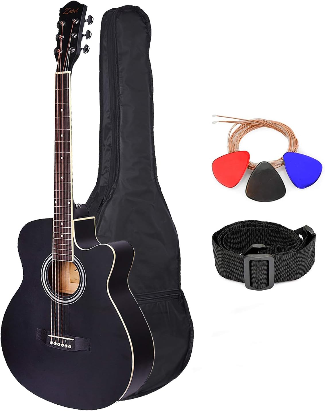 Zabel Acoustic Guitar 40 Inches Matt Finish, Black, With Combo Guitar Bag, Strings, Strap And Picks