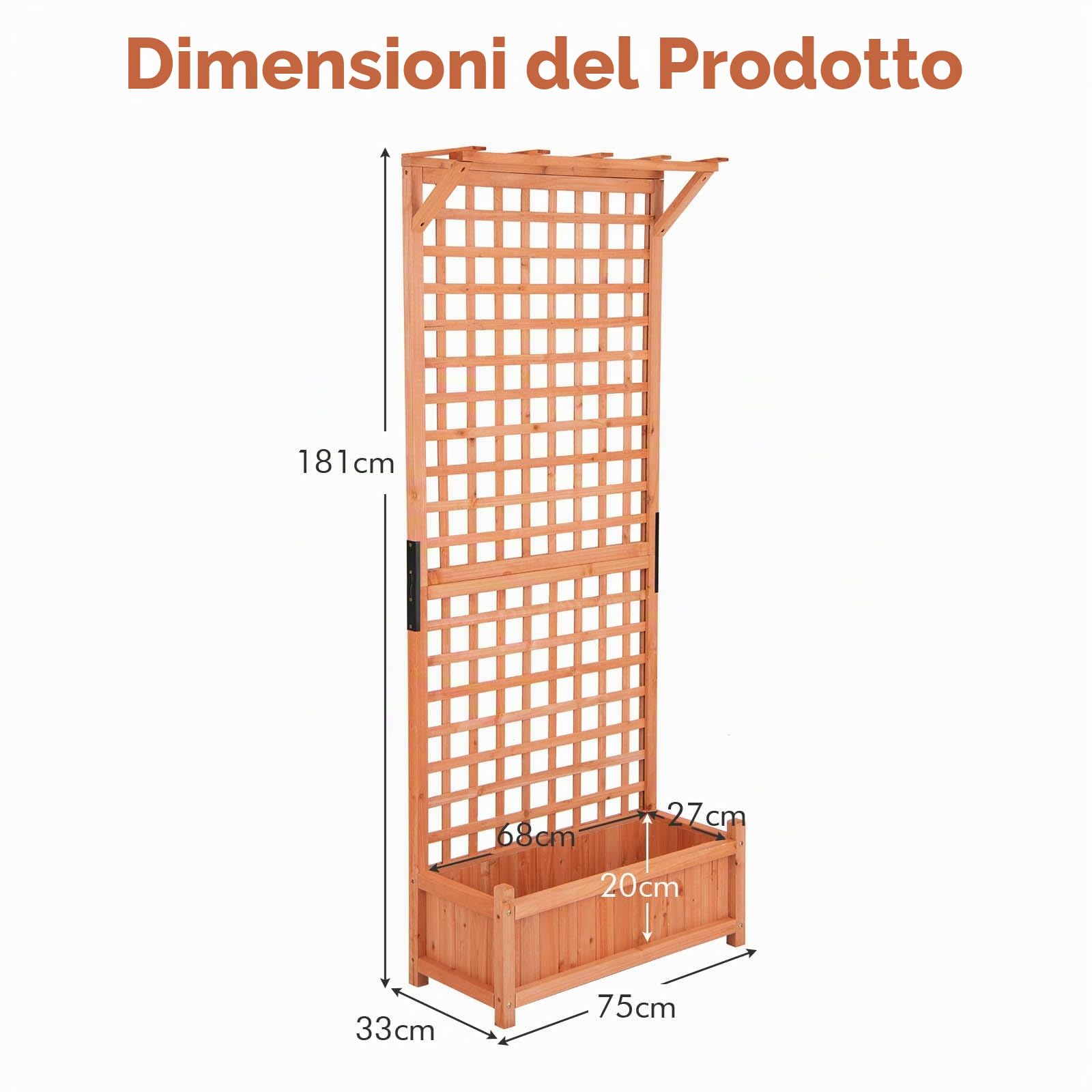 HOMASIS Fioriera con Grigliato e Tetto in Legno, Vaso Rettangolare da Esterno con Fori di Drenaggio, Orto Verticale per Piante Rampicante da Terrazza, Balcone (Naturale, 75 x 33 x 181 cm)