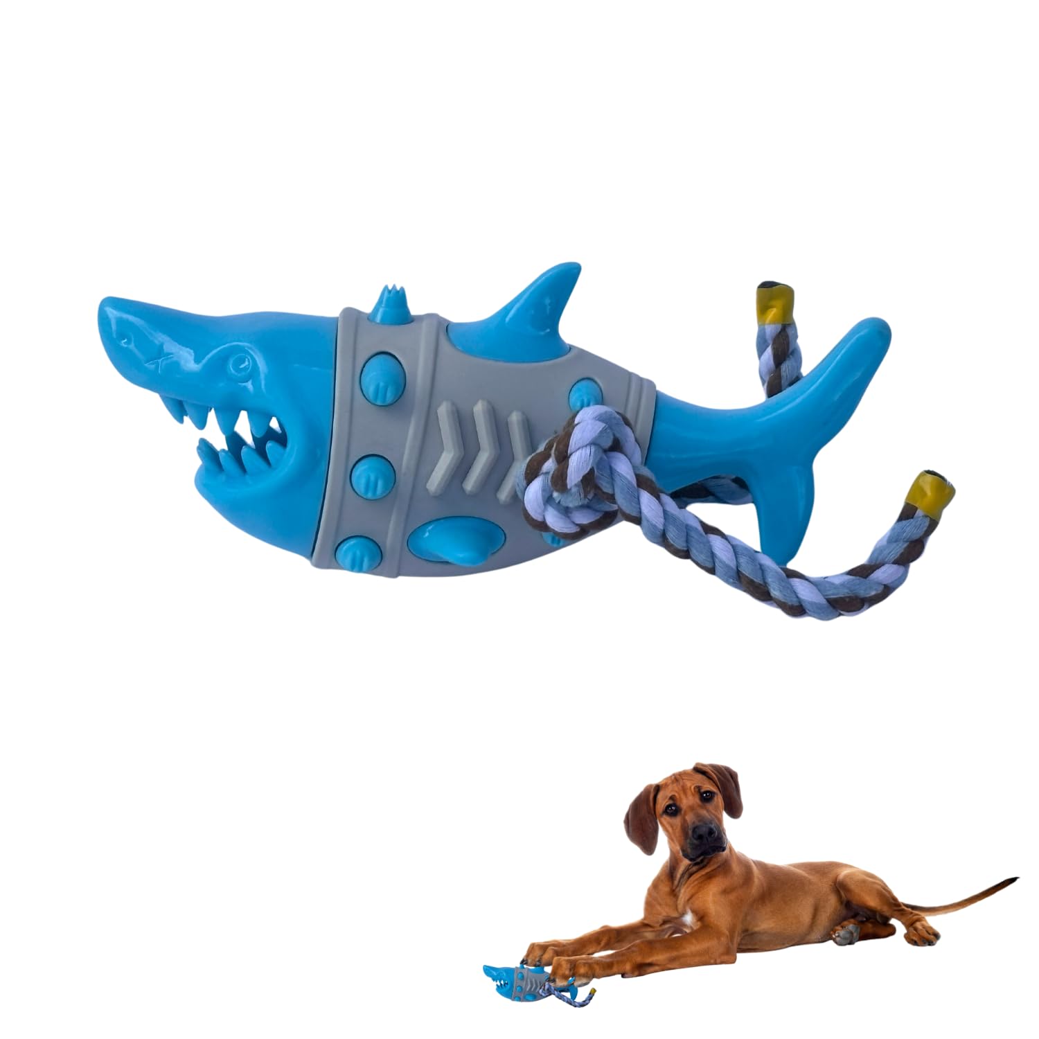 Rangebow Pets Shark Dog Chew Toy with Rope for Aggressive Chewers Tough Rubber Toy for Boredom & Teeth Grinding