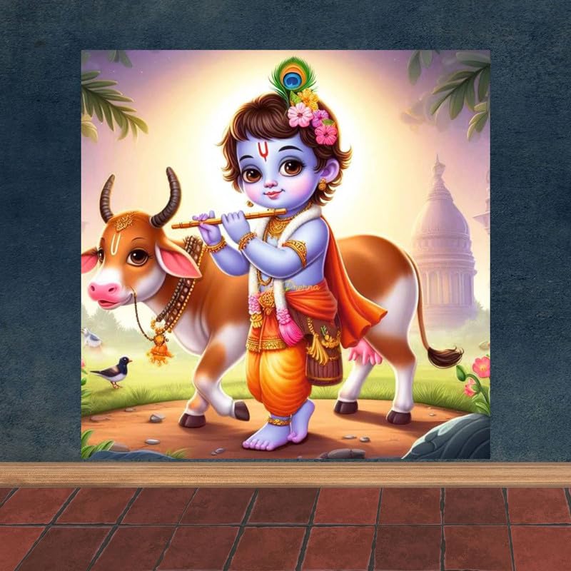 Image of British Terminal Cute little Bal Gopal Baby God Krishna| Kanha Ji | Laddu Lord Makhan Chor Painting Religious Poster for Pregnant Women for wall (matt thin vinyl,sticker,multicolor,unframed)| bj237