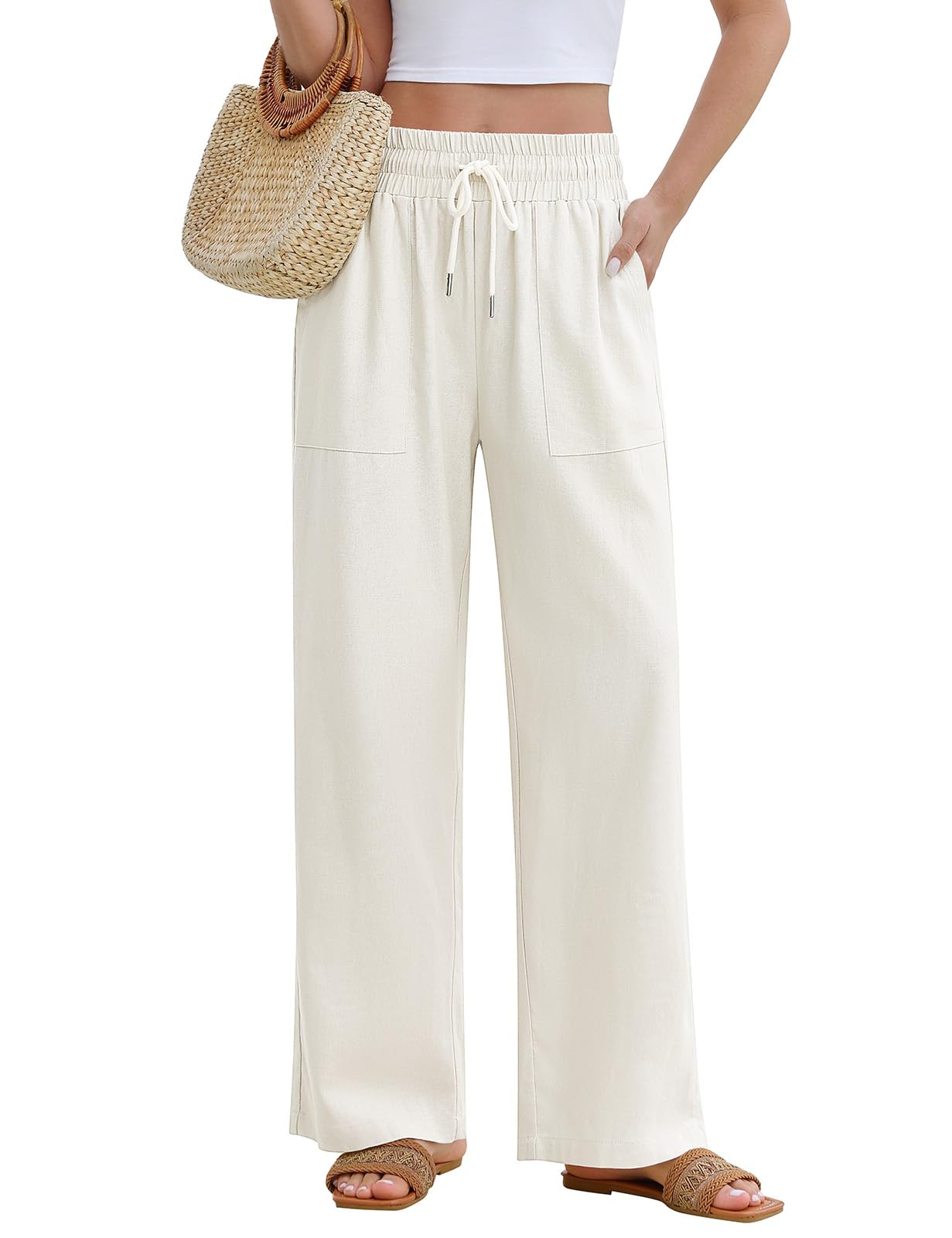 PASUDA Pantaloni Donna Estivi Lino Pantaloni Leggeri Larghi Elastico Vita Alta Lunghi Gamba Dritta Eleganti Pantaloni Palazzo da Spiaggia Jogging Solido Sciolto Casual Comodi con Tasche